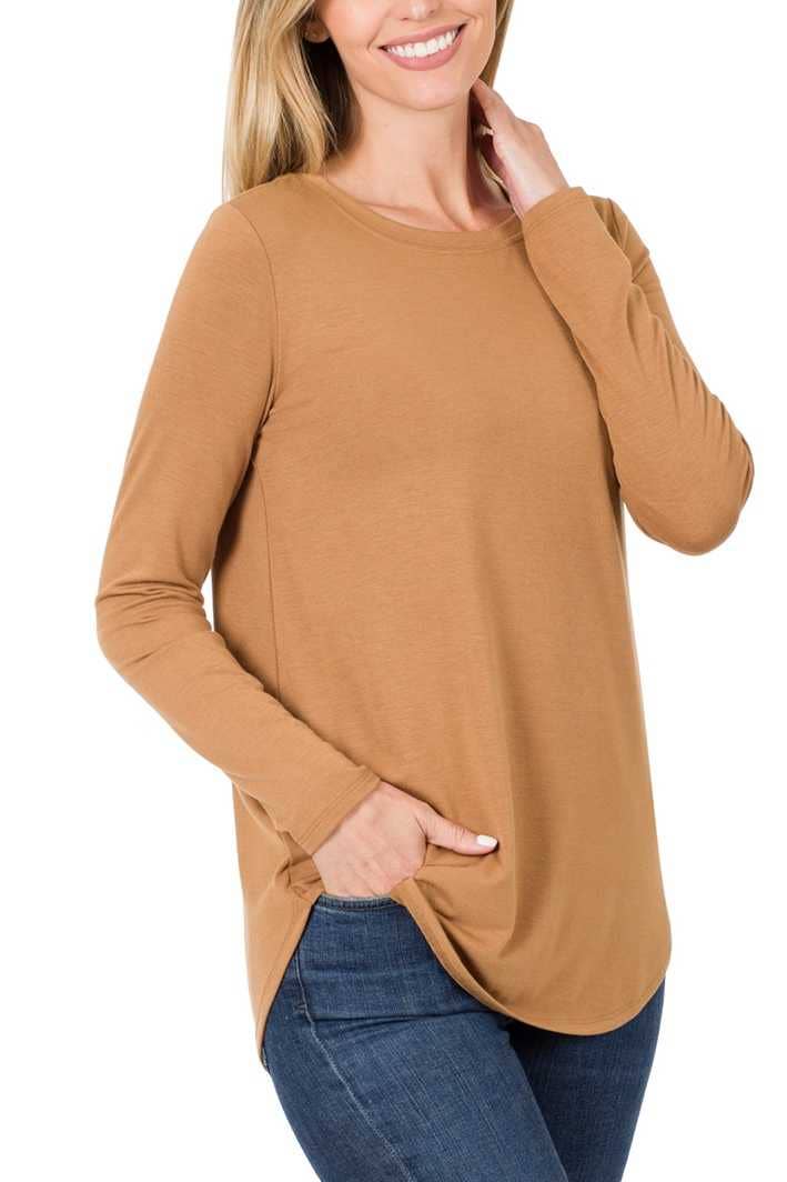 Long Sleeve Round Neck Round Hem Top