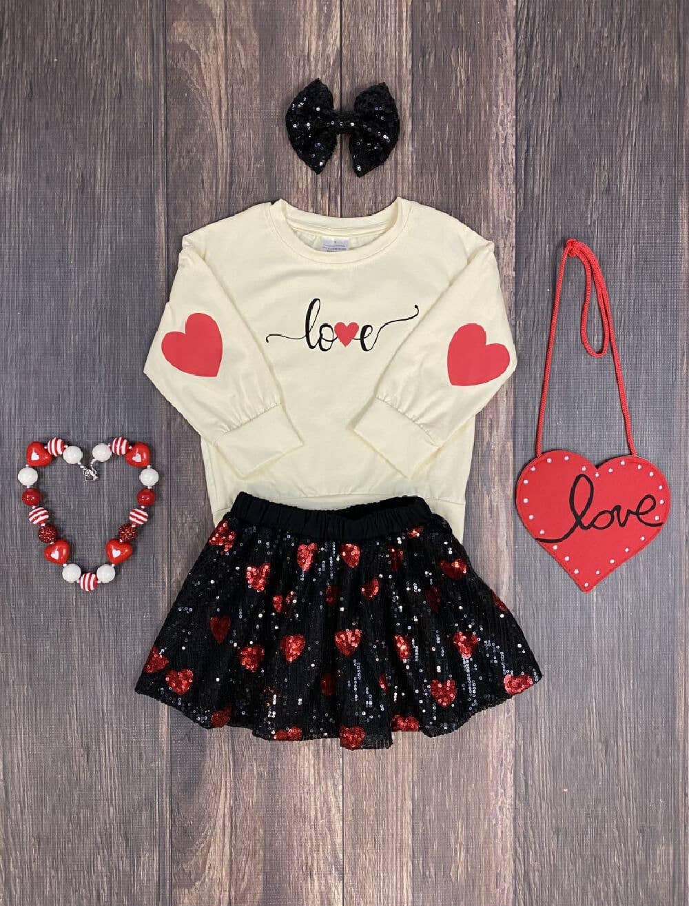 Love Long Sleeve & Black & Red Hearts Sequin Skirt Set